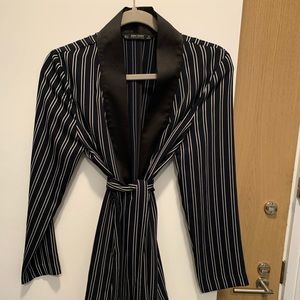 Zara Striped Silk Beltet Blazer